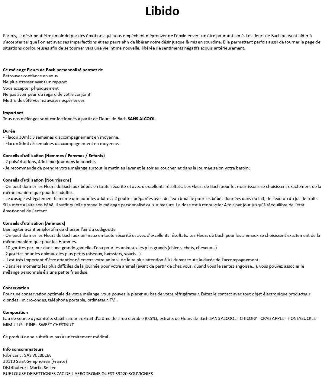 Velbecia® LIBIDO +1 OFFERT - A partir de Fleurs de Bach SANS ALCOOL