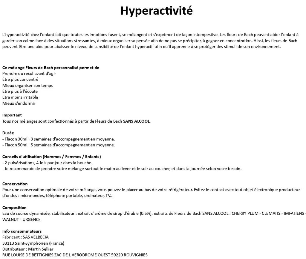 Velbecia® HYPERACTIVITE / TDAH KIDS +1 OFFERT - A partir de Fleurs de Bach SANS ALCOOL