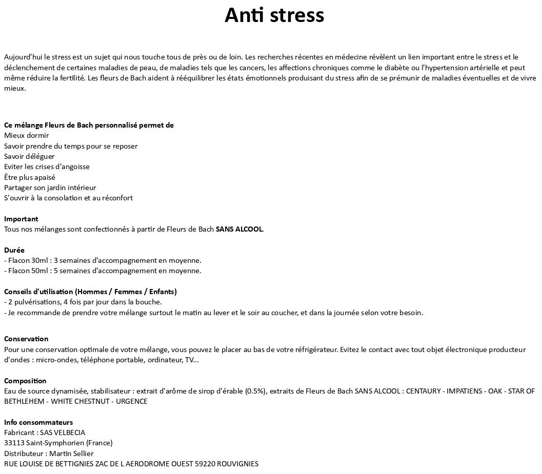 Velbecia® ANTI STRESS +1 OFFERT - A partir de Fleurs de Bach SANS ALCOOL