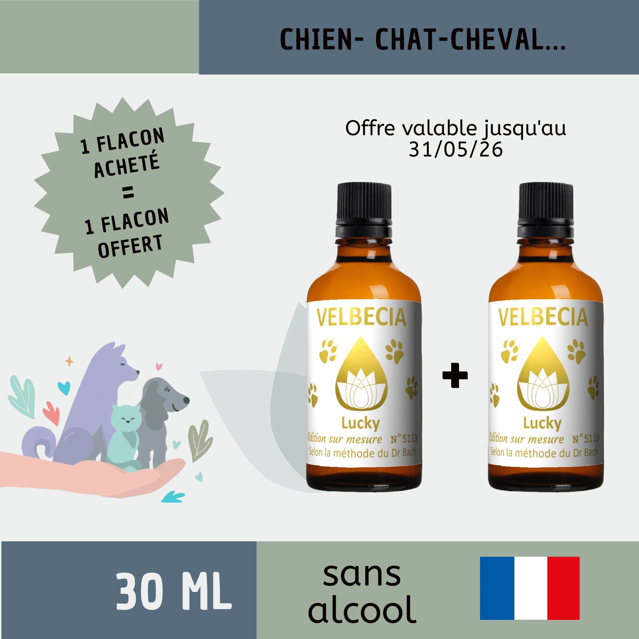 Velbecia® MÉLANGE SUR MESURE Animaux +1 OFFERT - A partir de Fleurs de Bach SANS ALCOOL