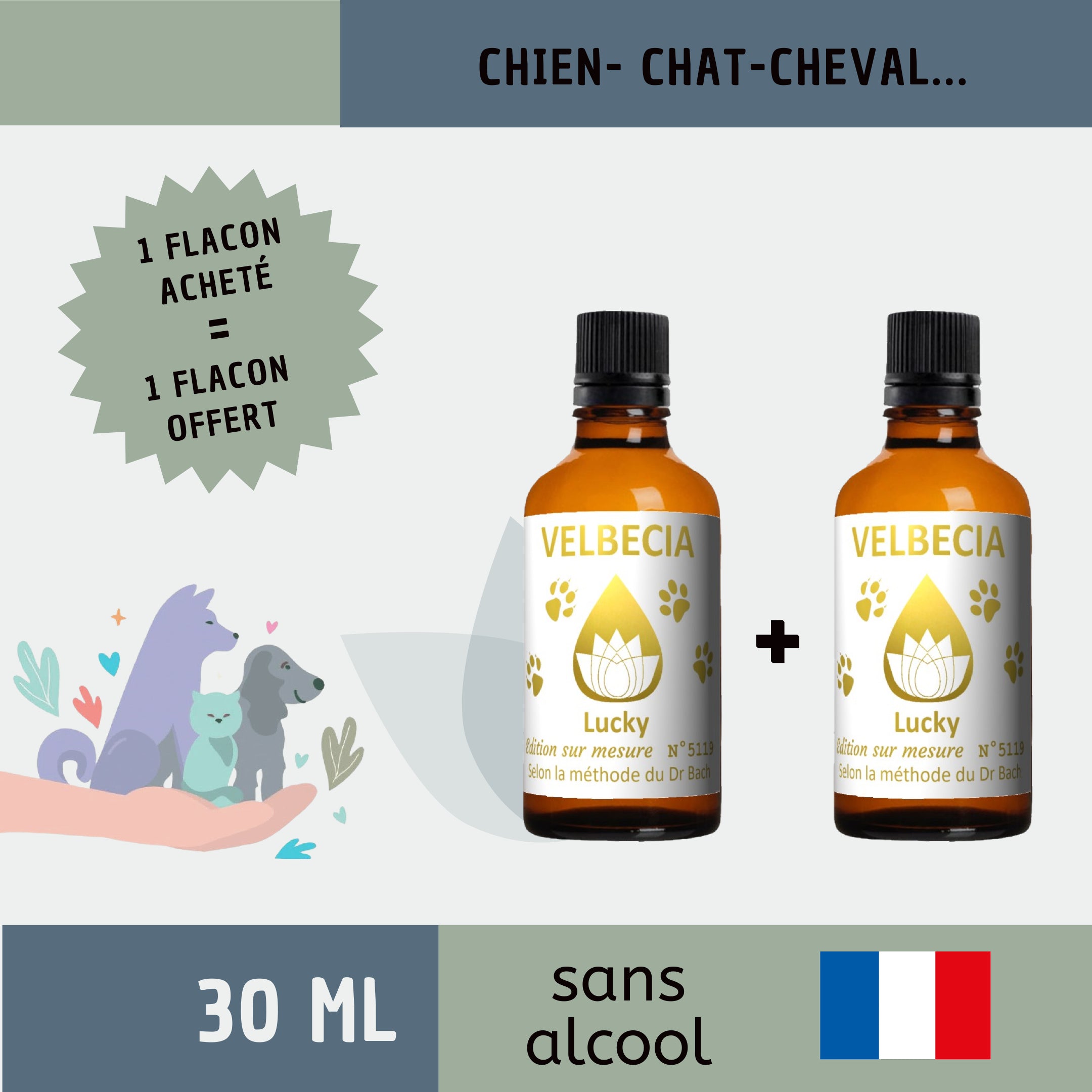 Velbecia® MÉLANGE SUR MESURE Animaux +1 OFFERT - A partir de Fleurs de Bach SANS ALCOOL